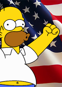 Homer Simpson steht vor der amerikanischen Flagge 