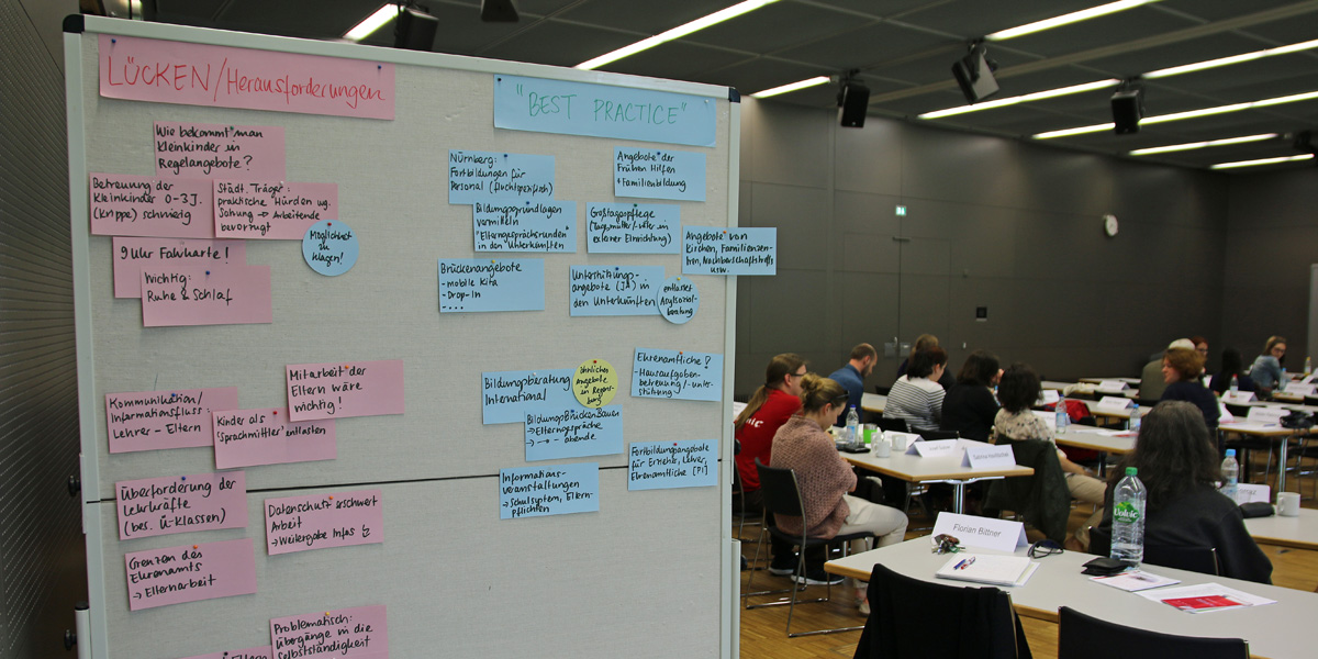 Im Vordergrund steht eine Pinnwand mit mehreren roten und blauen Zetteln. Rechts daneben sitzen mehrere Personen an Tischen 