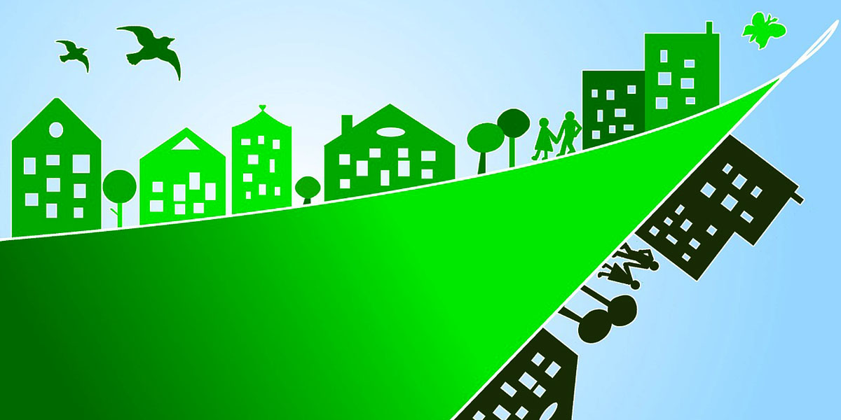 Grafik: Hellgrüne, längliche Wohnsiedlung mit Häusern und Bäumen, wo zwei Personen Hand in Hand spazieren gehen. Darunter ist das gleich in dunkelgrün abgebildet